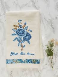 April Cornell Embroidered Tea Towel-Blue Delft