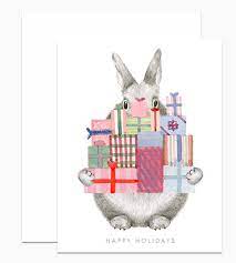Dear Hancock Holiday Card-Bunny Holding Holiday Gifts