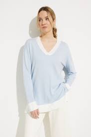 Emproved V-Neck Tunic Sweater-Aqua/Ivory