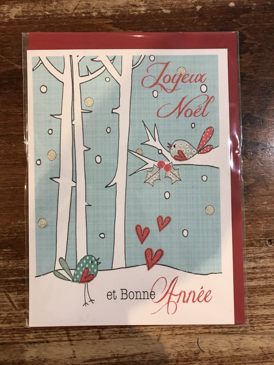 Scarlett Greetings Christmas Card (French)-Birch Trees and Bird